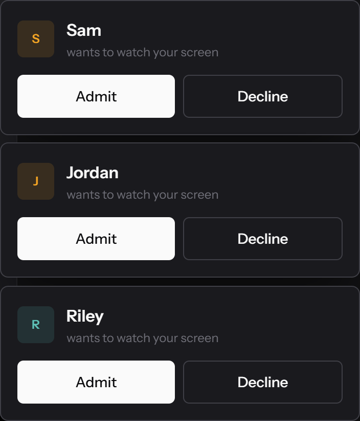 People waiting to be admitted to a screen sharing session, each with an Admit and a Decline button