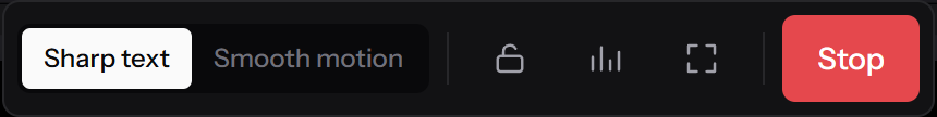 Session control bar with sharp text and smooth motion modes, room lock, stats, fullscreen and stop