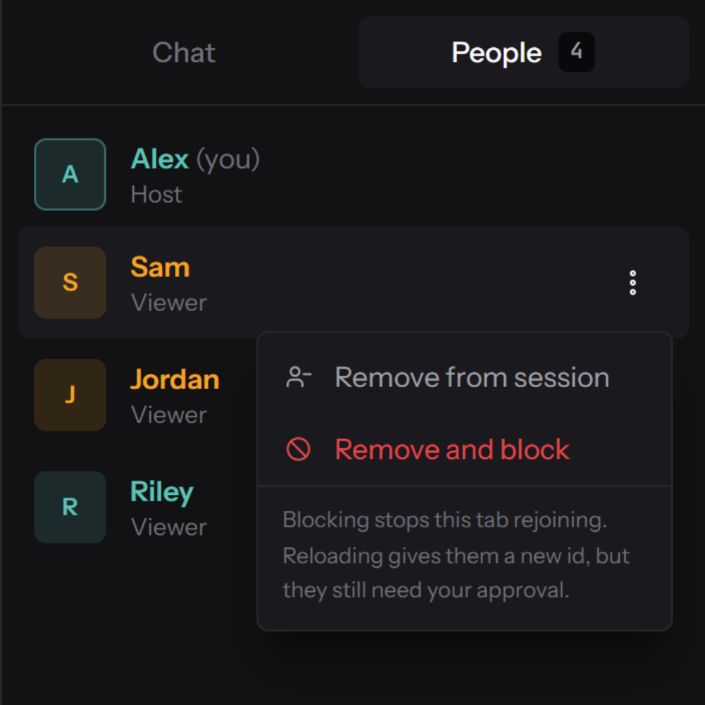 The people list naming everyone in the session, with a menu to remove or block a viewer
