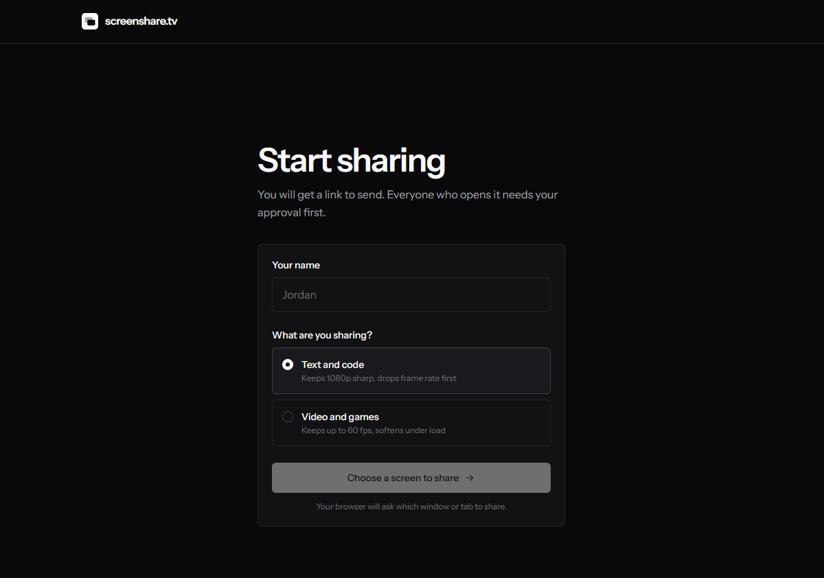 The start screen: a name field and a choice between optimising for text or for motion